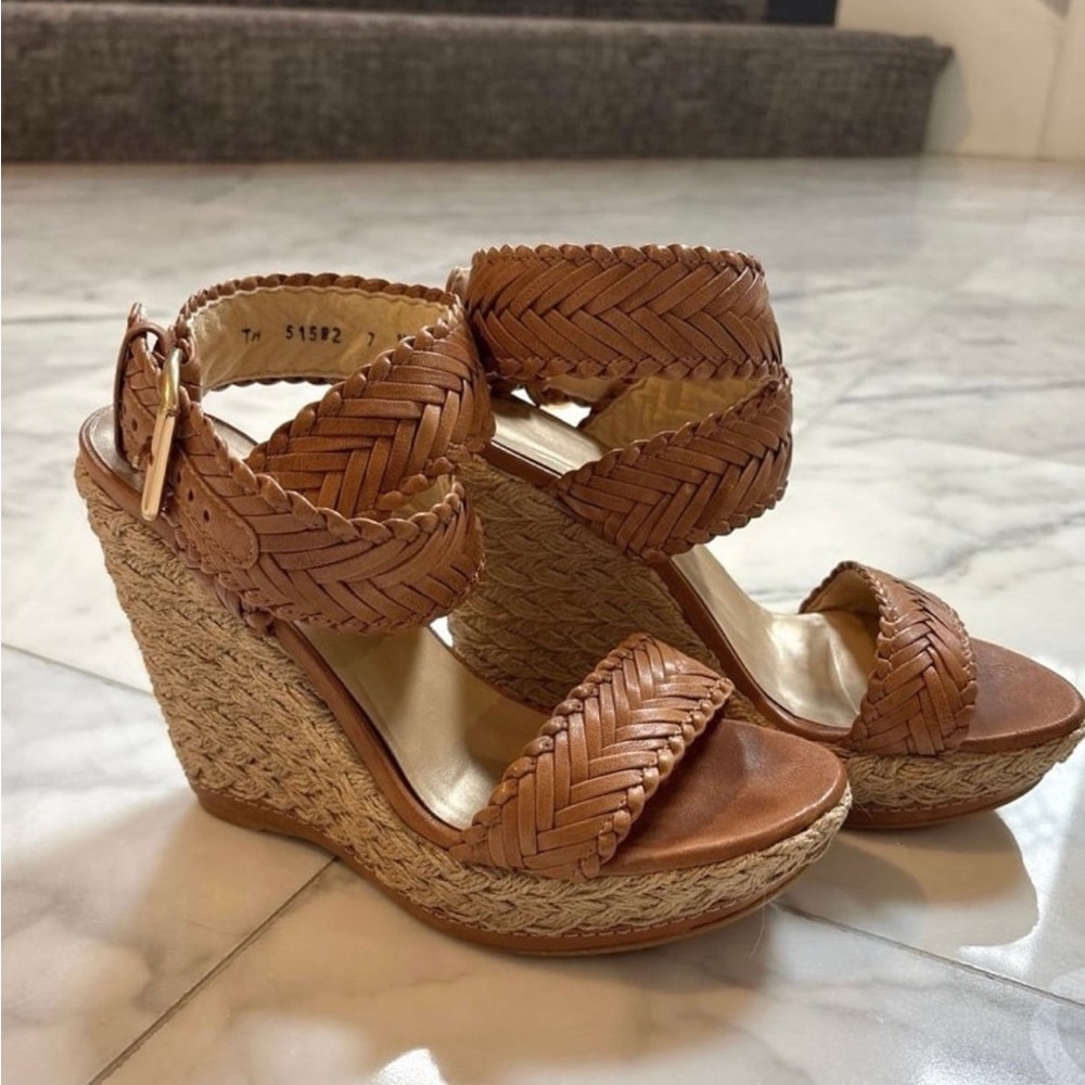 Stuart Weitzman Tan Braided Espadrille Wedges